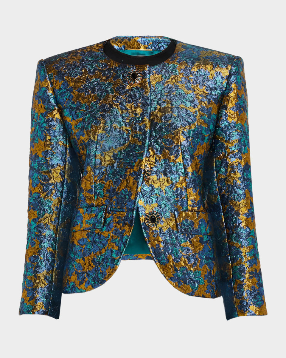 Metallic Floral Brocade Single-Breasted Jacket